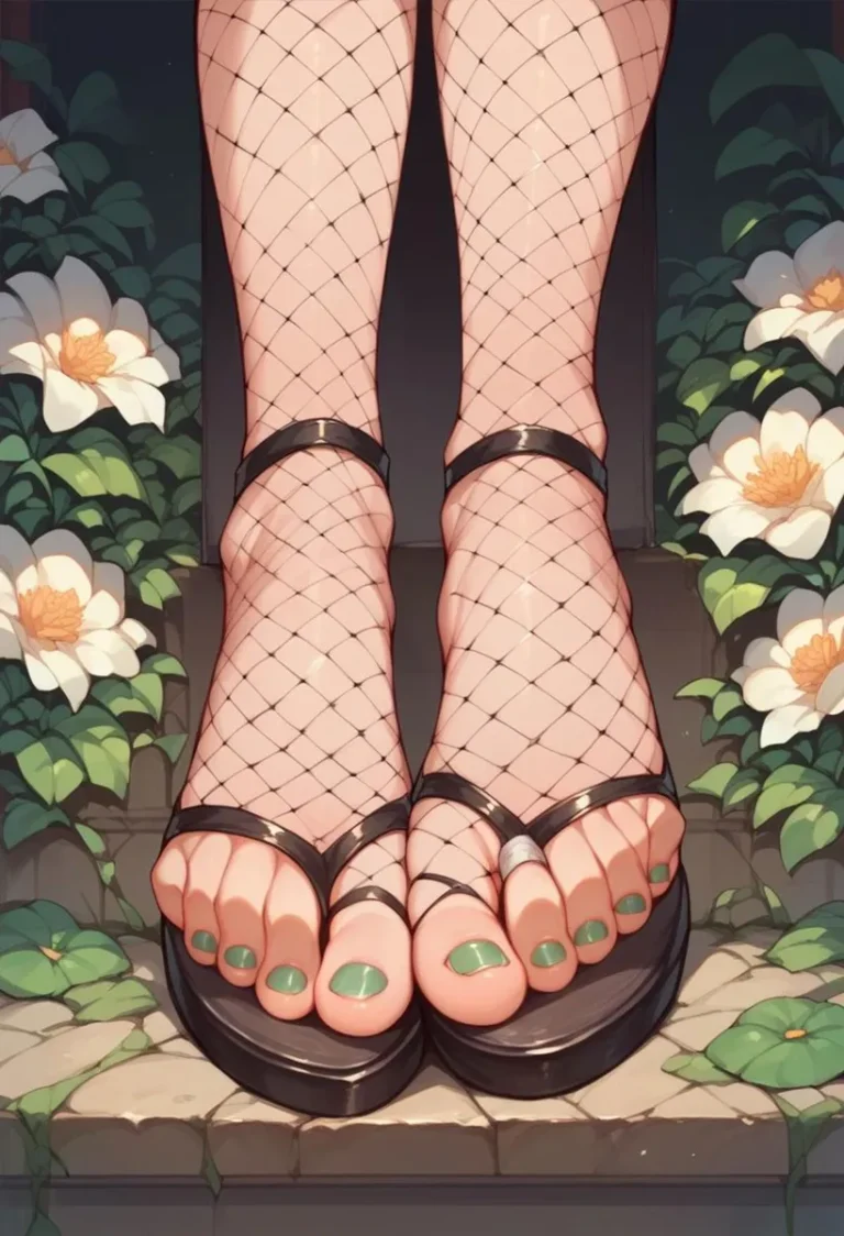 AI generated image of legs in black fishnet stockings wearing black sandals with green nail polish on toes, surrounded by white and yellow flowers.