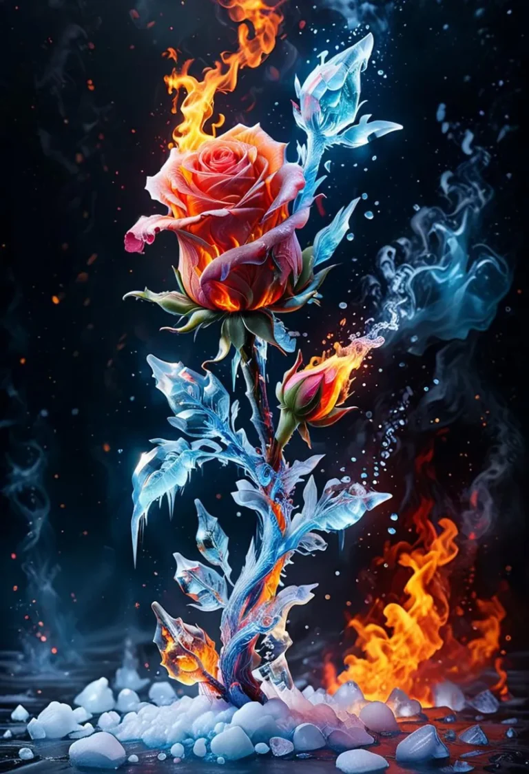 A beautifully AI generated image using stable diffusion, depicting a rose with its petals engulfed in bright orange flames while its stem and leaves are frozen with blue icicles.