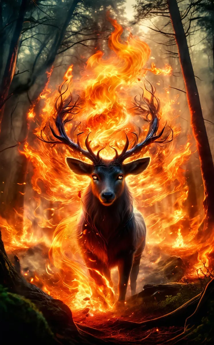 A majestic deer with antlers engulfed in vibrant orange flames standing in a mystical forest. This is an AI generated image using Stable Diffusion.