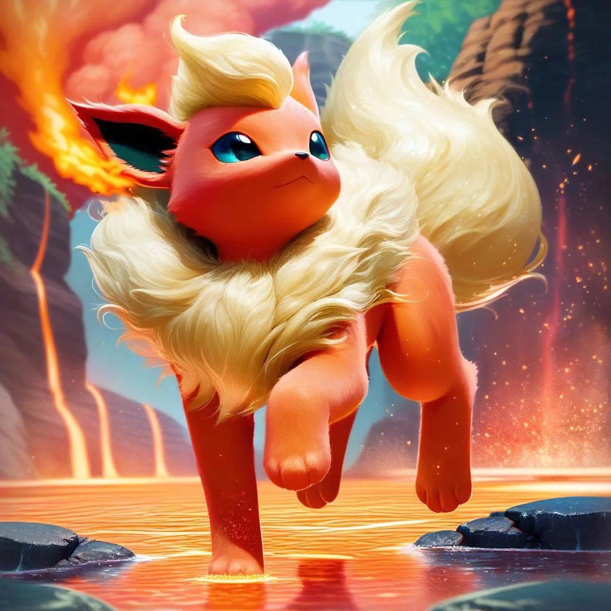 AI generated image using Stable Diffusion of Flareon Pokemon with a beautiful fiery landscape in the background