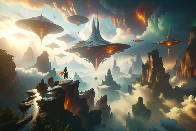A sci-fi landscape with floating cities in the sky, created using AI and Stable Diffusion.