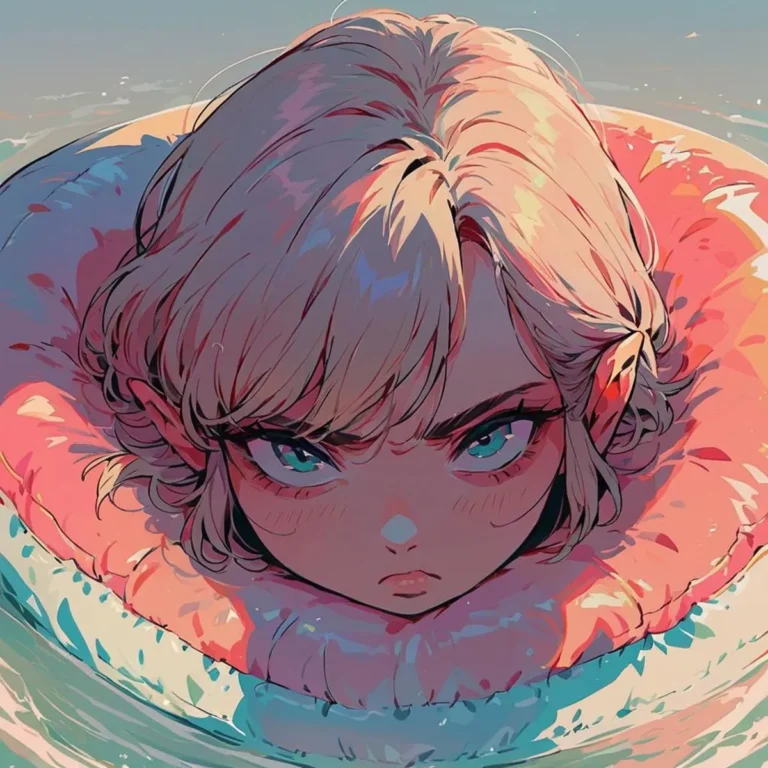 Anime-style image of a girl with blonde hair and intense blue eyes floating in water with a pink and blue inflatable ring, using Stable Diffusion.