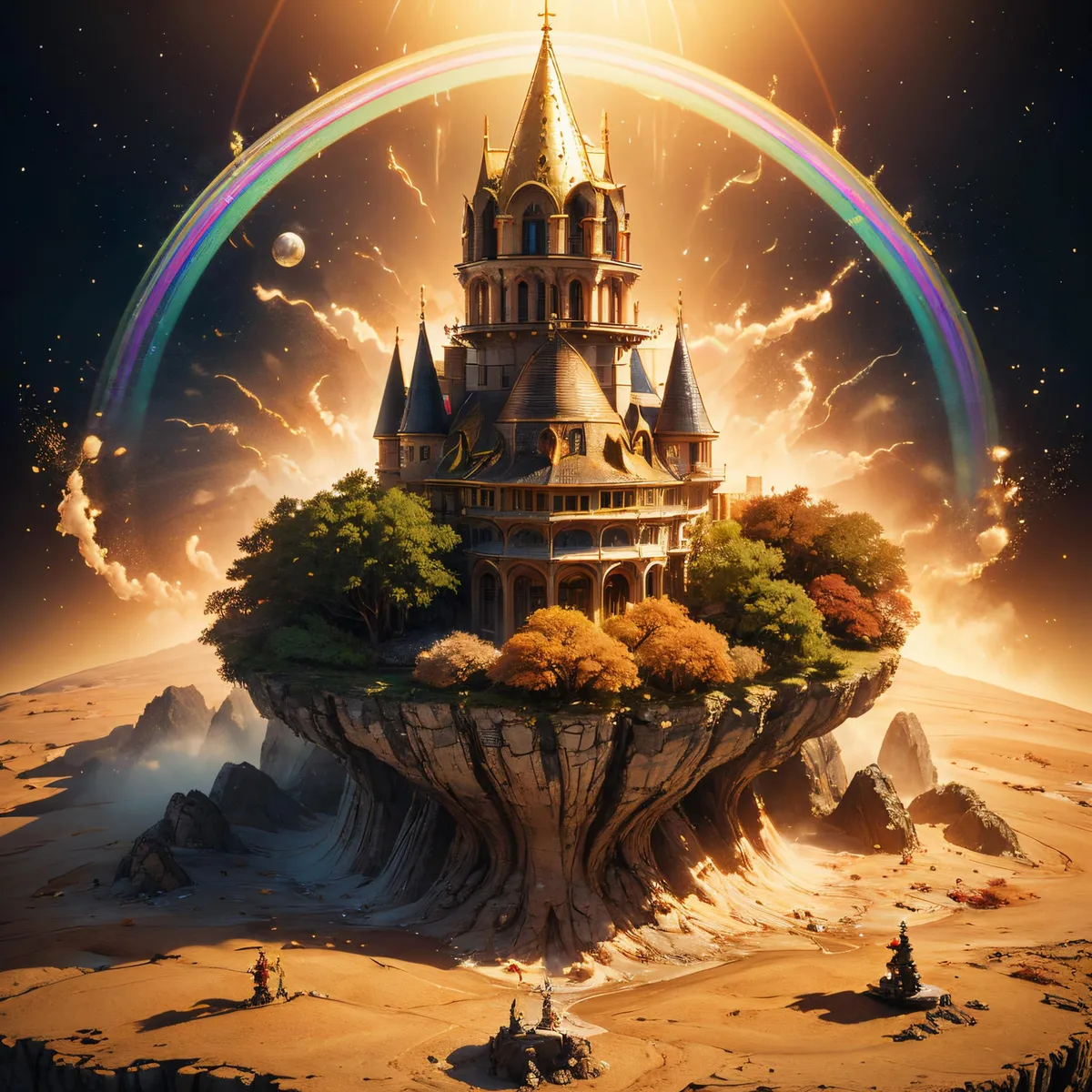 A floating castle with multiple towers on a cliff surrounded by trees and a vivid rainbow in a surreal fantasy landscape generated using Stable Diffusion.
