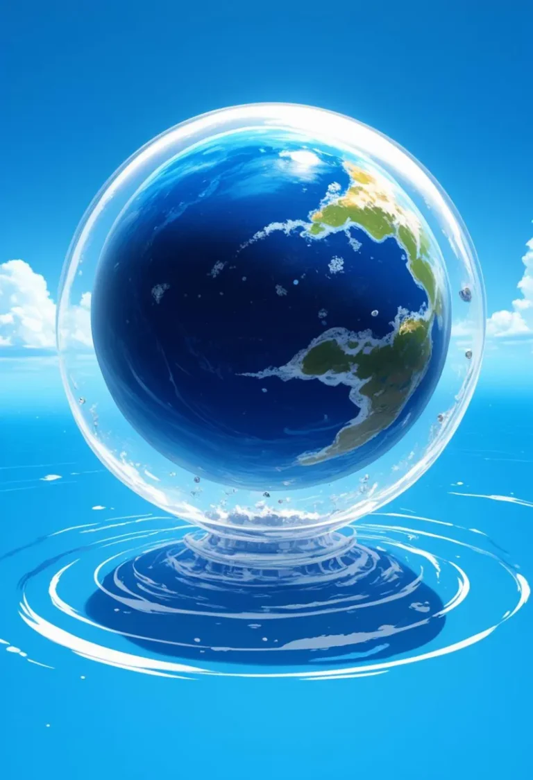 A digital rendering showing a perfectly round Earth floating inside a glass orb on a serene water surface under a clear blue sky, created using stable diffusion.