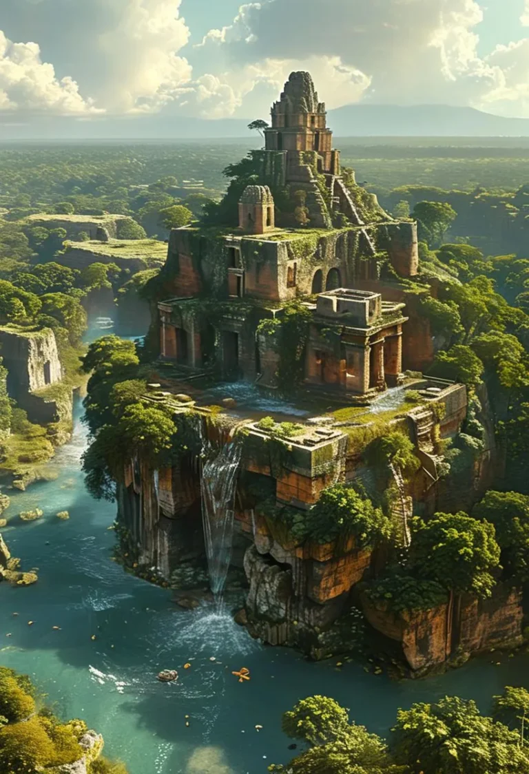 An AI-generated image of an ancient, crumbling temple situated on a floating island with waterfalls, surrounded by lush greenery and a serene blue river created using Stable Diffusion.