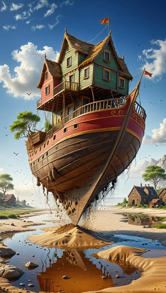 Surreal AI-generated image using Stable Diffusion depicting a floating ship house with multiple floors, situated on a beach surrounded by water, houses, and trees.