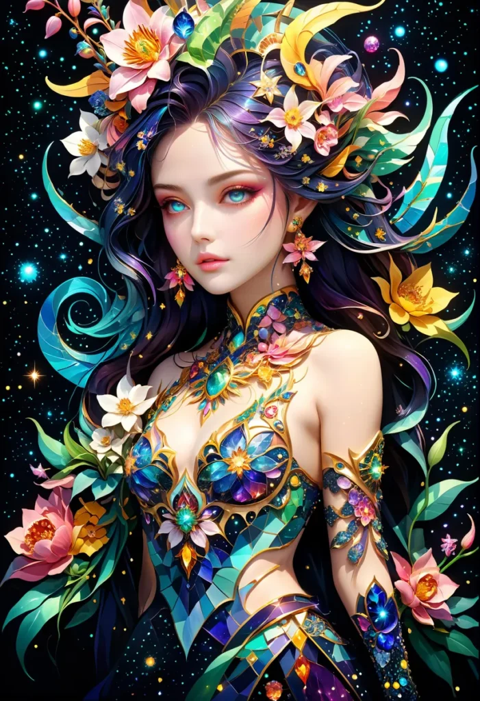 A fantasy lady with flower-adorned hair and a jeweled dress, created using AI Stable Diffusion.