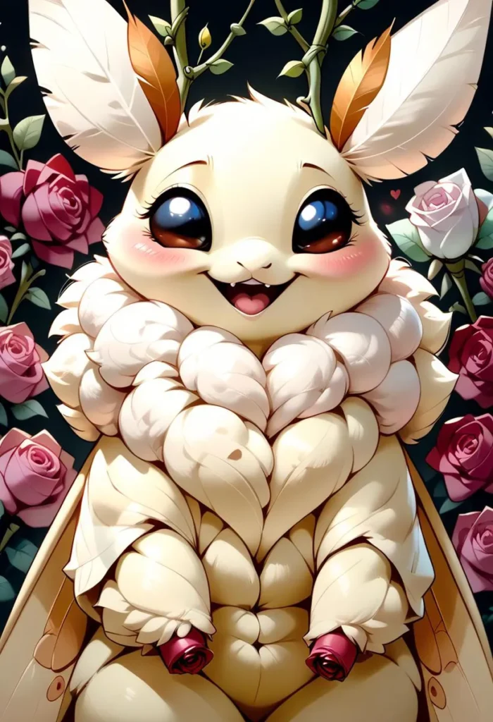 AI generated image using stable diffusion of a cute fluffy creature with big eyes, surrounded by roses.