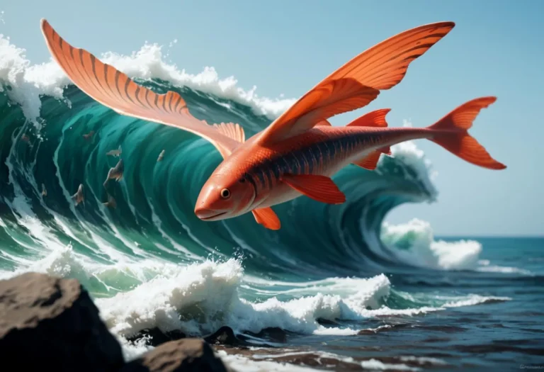 AI generated image using Stable Diffusion, featuring a vibrant orange fish with wing-like fins flying above a massive ocean wave.