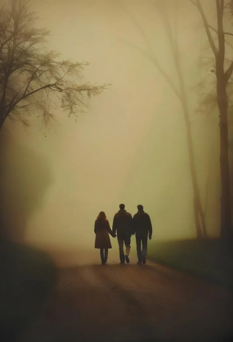 Three people walking through a foggy forest pathway. AI generated image using Stable Diffusion.