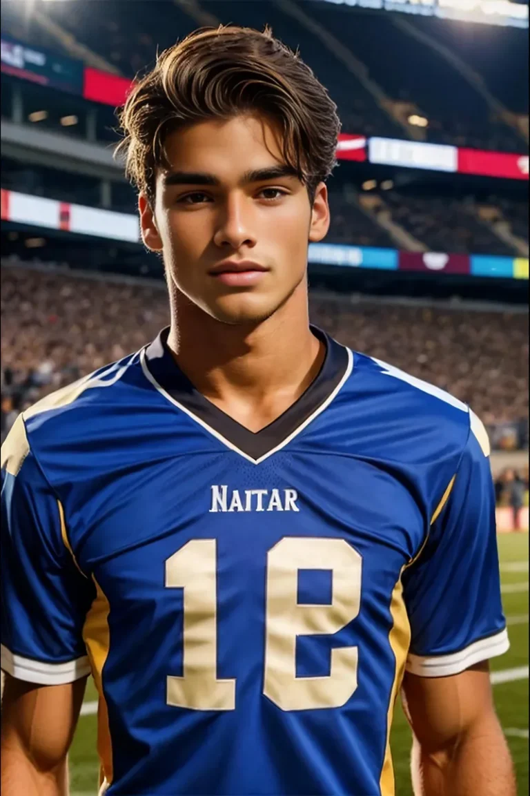 A realistic AI-generated image of a football player in a blue uniform with the number 12 on his jersey, standing in a stadium. This image was created using Stable Diffusion.