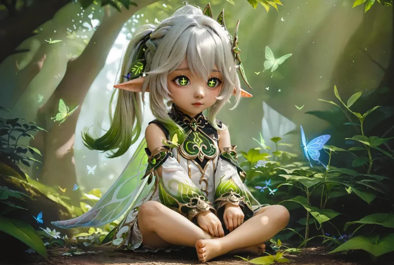 Digital illustration of a forest elf sitting in a lush, green forest with glowing butterflies around. The character has large, green eyes, long silver hair, and green and white ornate attire. AI generated.
