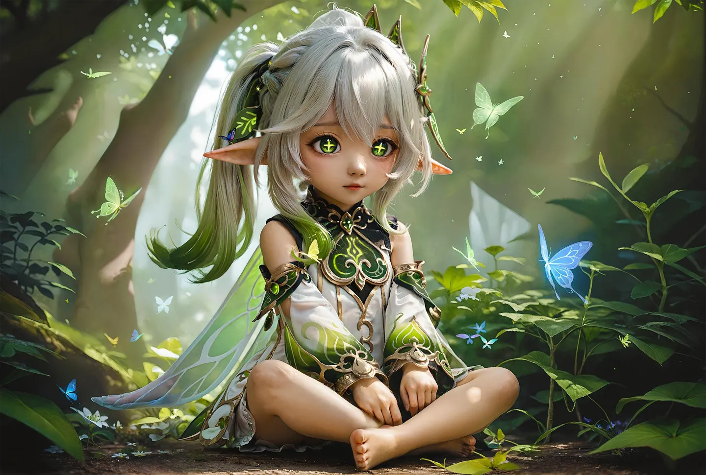 Digital illustration of a forest elf sitting in a lush, green forest with glowing butterflies around. The character has large, green eyes, long silver hair, and green and white ornate attire. AI generated.