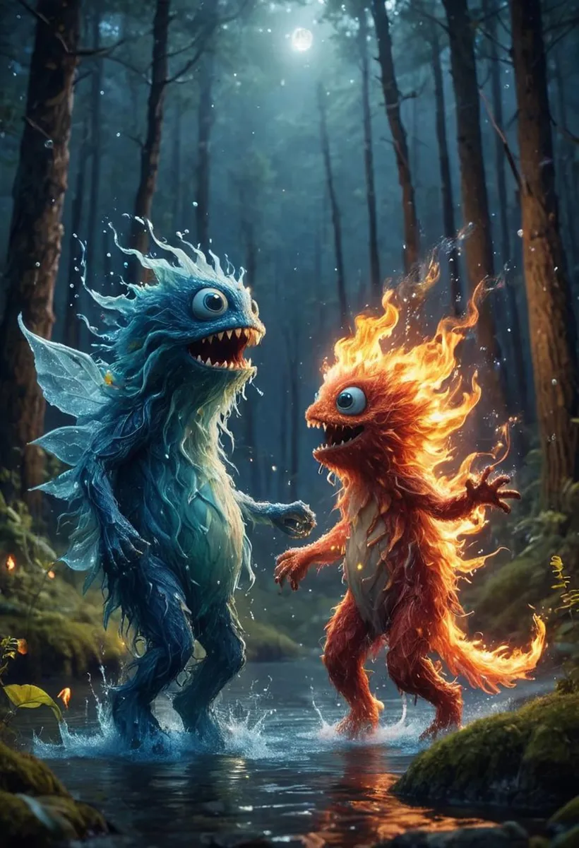 Fantasy art depicting two AI-generated monsters in a forest, one with blue water-like features and the other with fiery red flames.