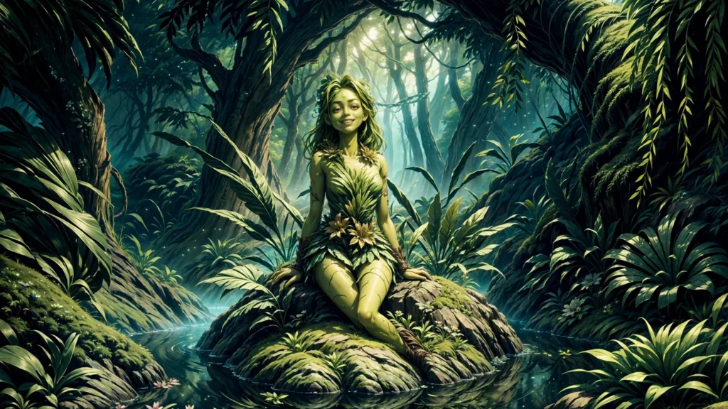 A forest nymph sitting on a rock surrounded by lush vegetation in an enchanted forest. AI generated image using Stable Diffusion.