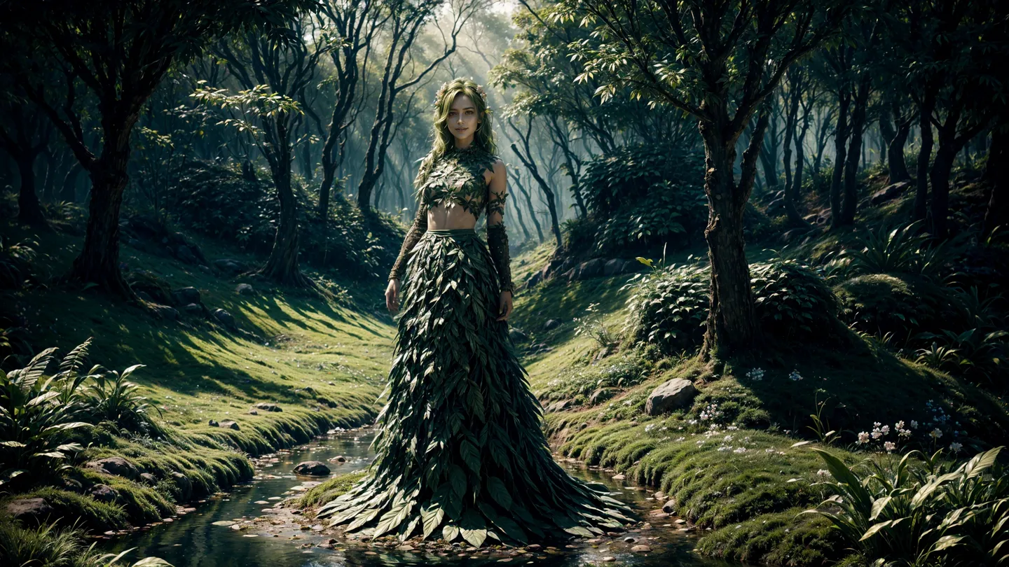 A forest nymph with a dress made of leaves standing in an enchanted forest, AI generated image using stable diffusion.