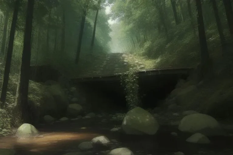 A mystical forest scene with a stone bridge under tall green trees created with Stable Diffusion AI.