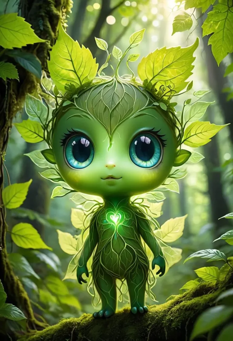 A fantasy forest creature with large blue eyes and leafy features, AI-generated using Stable Diffusion.