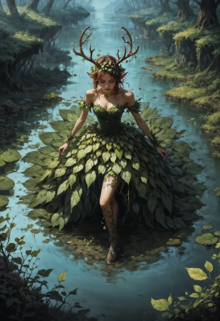 Forest fairy in an intricate leaf dress standing in a serene forest stream. AI generated image using Stable Diffusion.