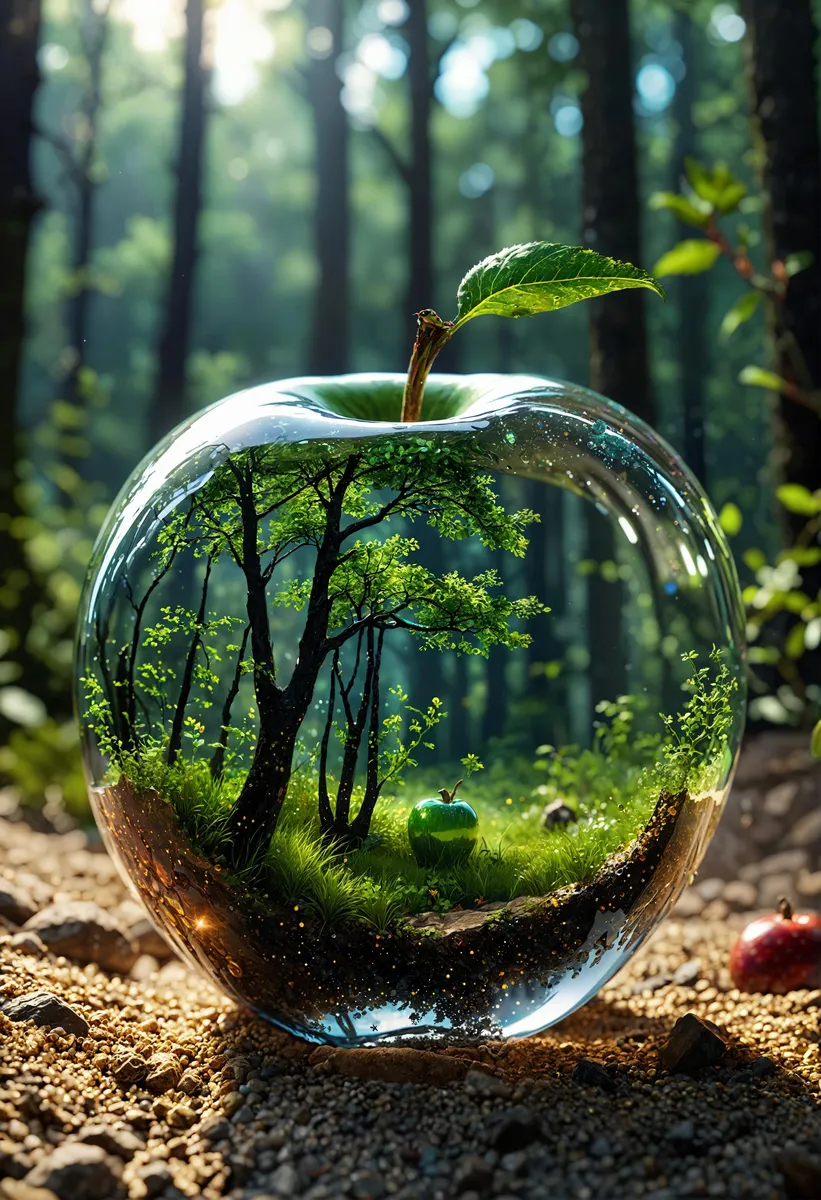 A surreal forest scene inside a transparent glass apple using Stable Diffusion AI.