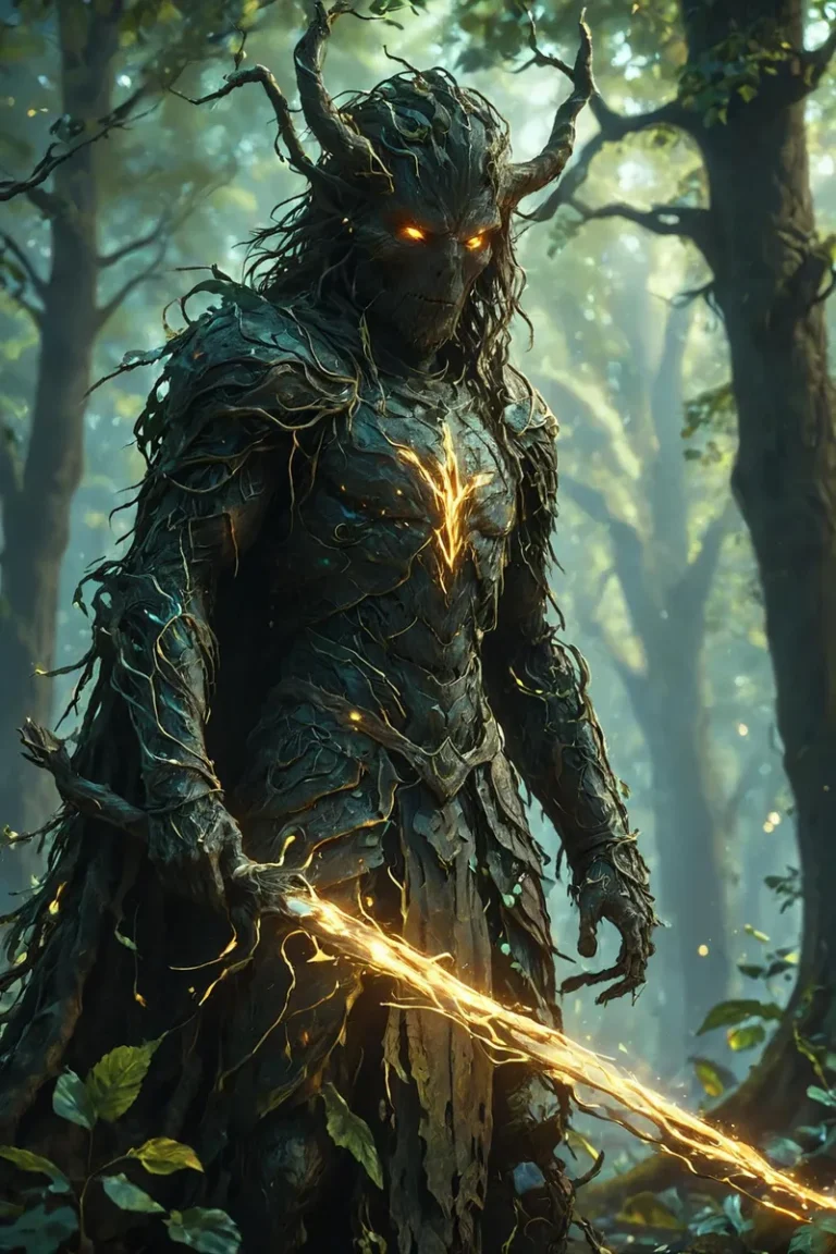 A mystical forest guardian warrior with glowing eyes and a fiery sword standing in a dense forest, created using AI and Stable Diffusion.