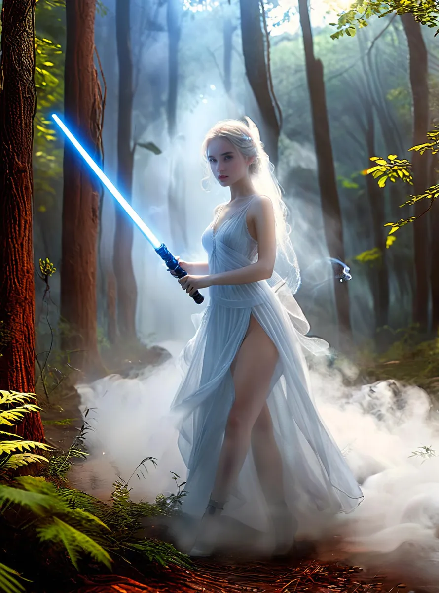 A woman in a flowing white gown stands in a misty forest holding a blue lightsaber, AI generated using Stable Diffusion.
