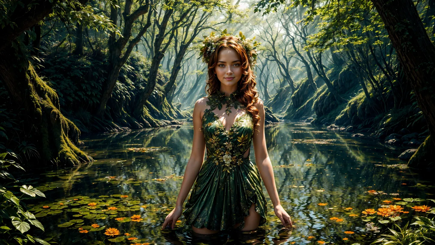 A beautiful forest nymph standing in a serene, magical forest, AI generated using Stable Diffusion.