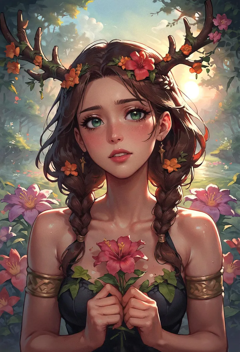 A beautiful forest nymph anime illustration created using Stable Diffusion. The nymph has large green eyes, braided hair with flowers, and deer antlers adorned with flowers. She holds a pink flower close to her chest, surrounded by lush vegetation in a mystical forest.