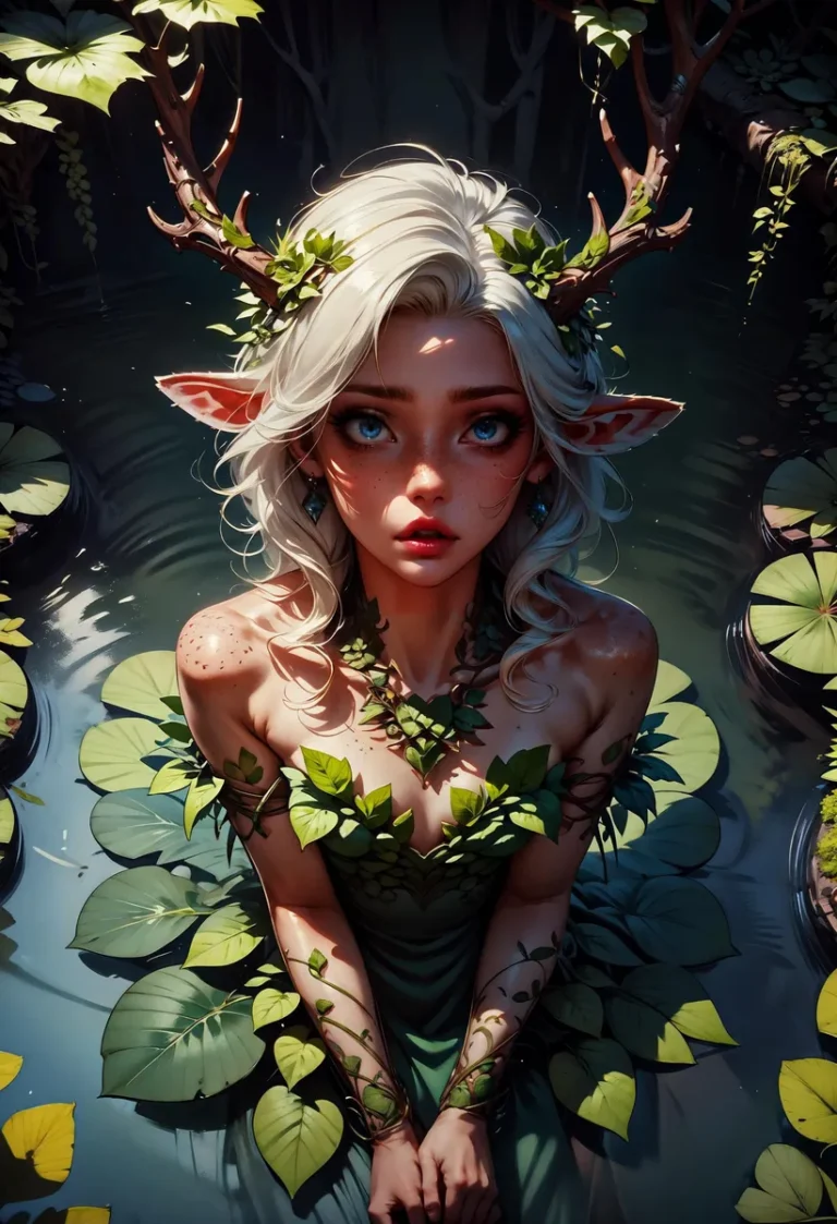 A captivating AI generated image using Stable Diffusion depicting a forest nymph with antlers, adorned in a leafy dress, standing in a water body surrounded by lily pads.