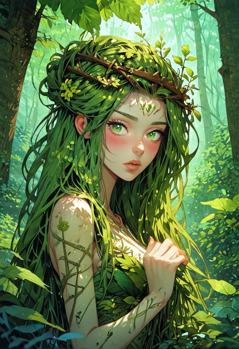 A forest nymph with long green hair and a leafy crown standing in a lush, sunlit forest, created using stable diffusion AI.