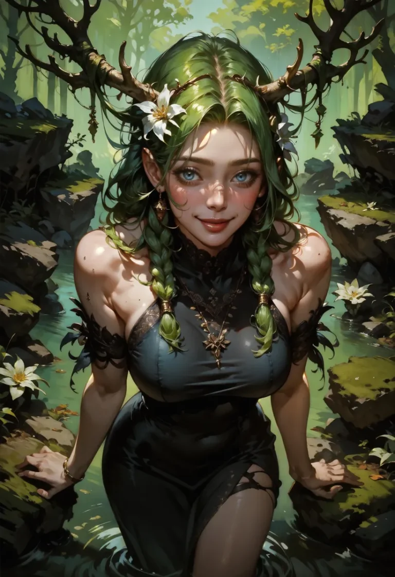 Fantasy art of a forest nymph with green braided hair, antlers adorned with flowers, standing in a mossy forest creek. AI-generated using Stable Diffusion.