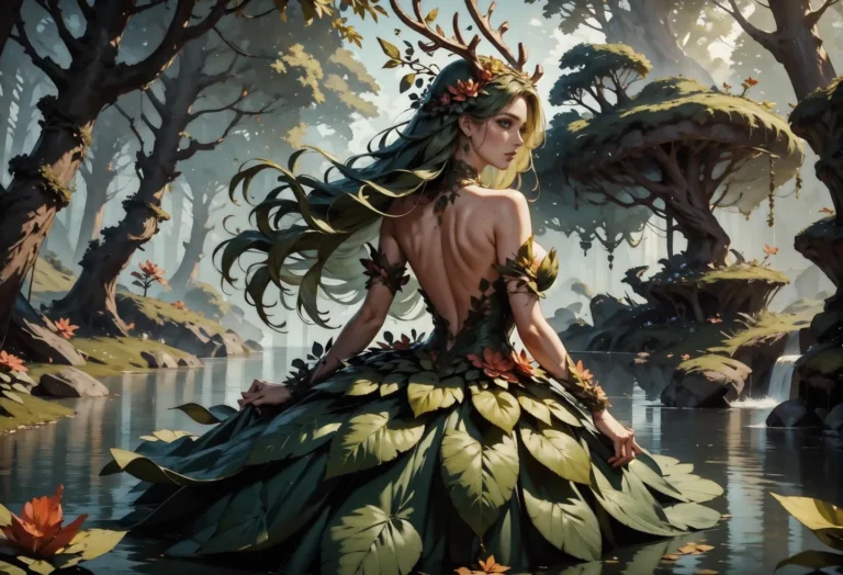 AI generated image of a forest nymph with flowing green hair, adorned with leaves, and antlers, sitting beside a serene stream, created using Stable Diffusion.