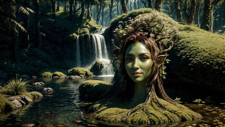 AI-generated image using Stable Diffusion of a forest nymph with green skin and tree-like hair, emerging from a peaceful woodland pond with a waterfall in the background.