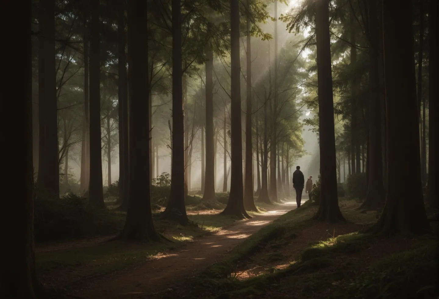 A serene AI generated image featuring a forest path illuminated by sunlight rays, created using stable diffusion.