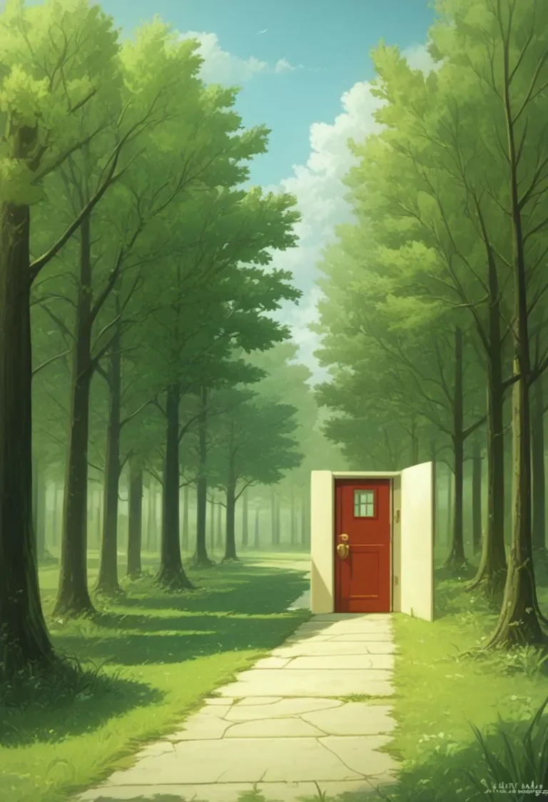 A surreal image of a path in a lush forest leading to a red door standing alone, AI generated using Stable Diffusion.