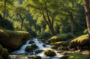 AI generated image using stable diffusion depicting a serene forest landscape with a stream flowing amidst moss-covered rocks, surrounded by tall trees, and three deer standing by the water.