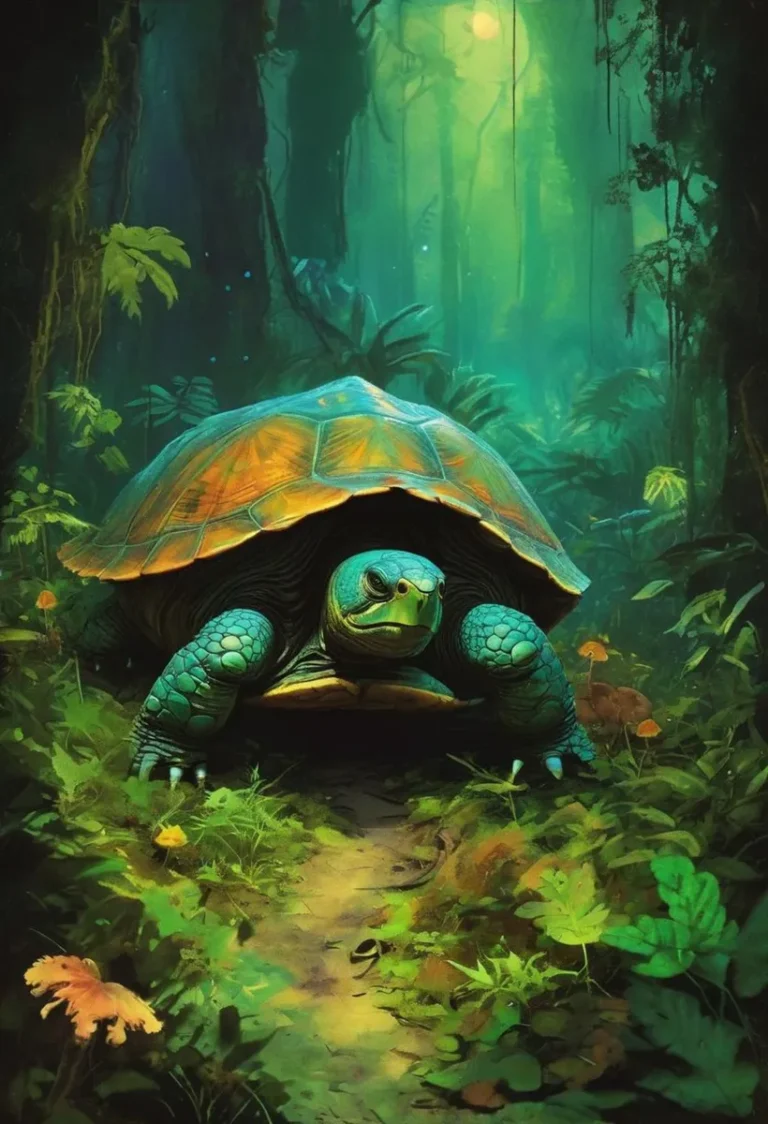 Forest turtle walking through a lush, mysterious fantasy forest. AI generated image using Stable Diffusion.