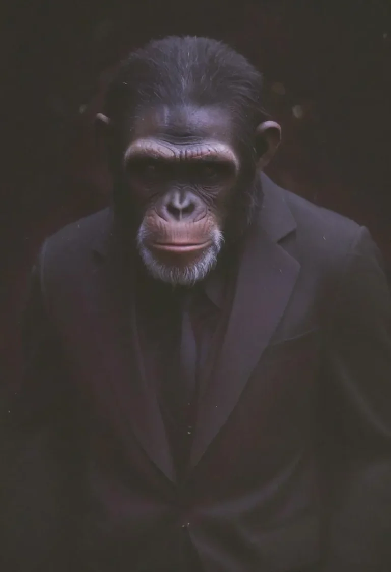 Chimpanzee wearing a formal suit, AI-generated using Stable Diffusion.