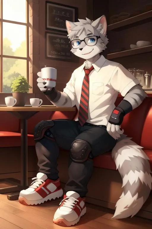 An anthropomorphic fox character dressed in casual business attire, sitting in a coffee shop booth holding a coffee cup. AI generated image using Stable Diffusion.