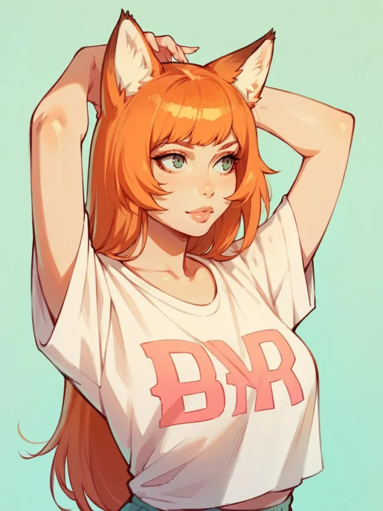 Anime-style image of a fox girl character with orange hair and fox ears stretching. This AI-generated image uses Stable Diffusion.