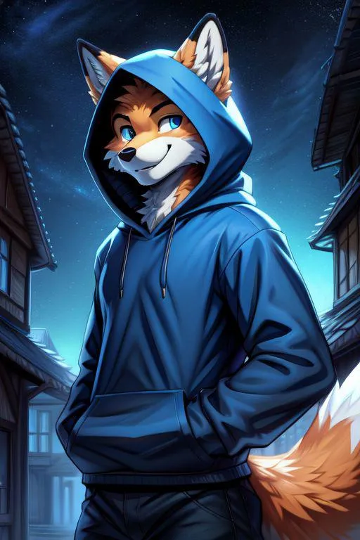 Anthropomorphic fox in a blue hoodie, standing in a nighttime alley, AI generated image using stable diffusion.