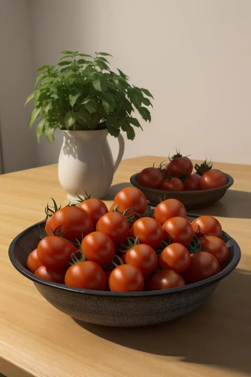 A still life of fresh tomatoes in bowls on a wooden table with a potted plant in the background. Emphasize that this is an AI generated image using stable diffusion.