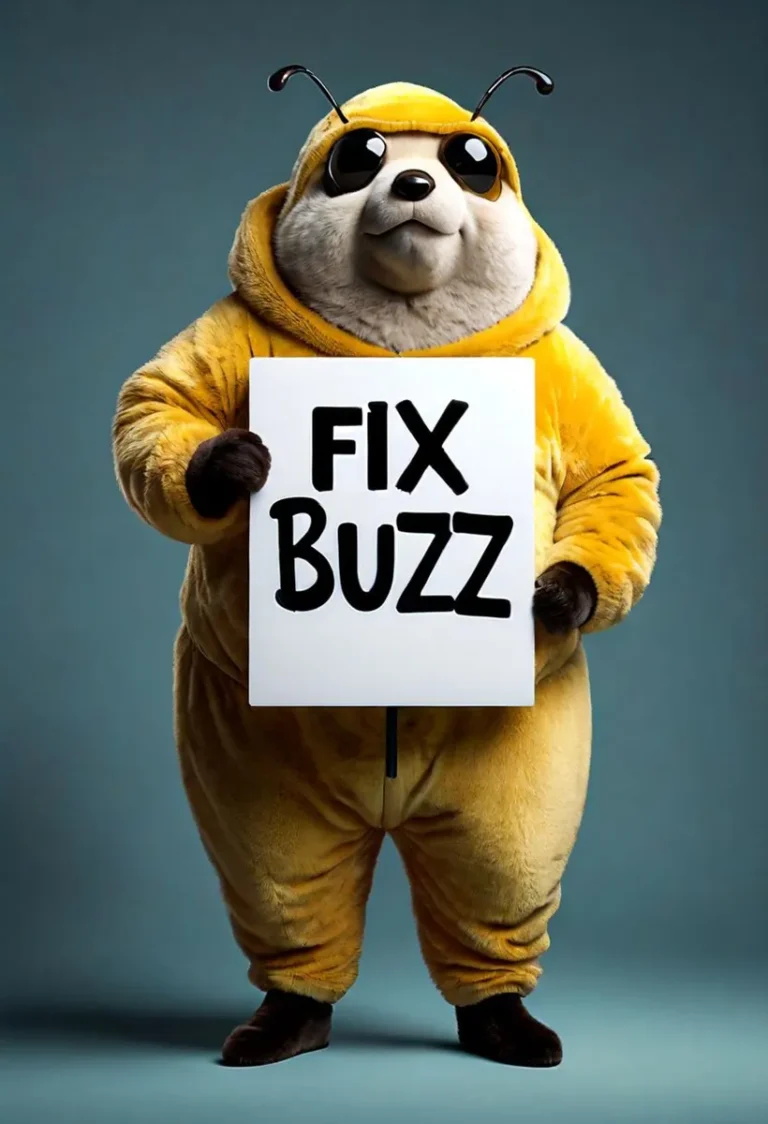 A cute bear in a yellow costume holding a protest sign with the text 'FIX BUZZ'. AI generated image using Stable Diffusion.