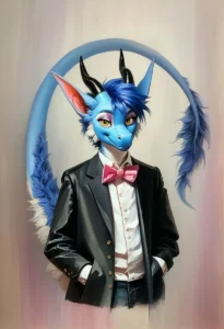 A furry art depiction of a blue dragon character in a black suit and pink bow tie, generated using AI with Stable Diffusion.