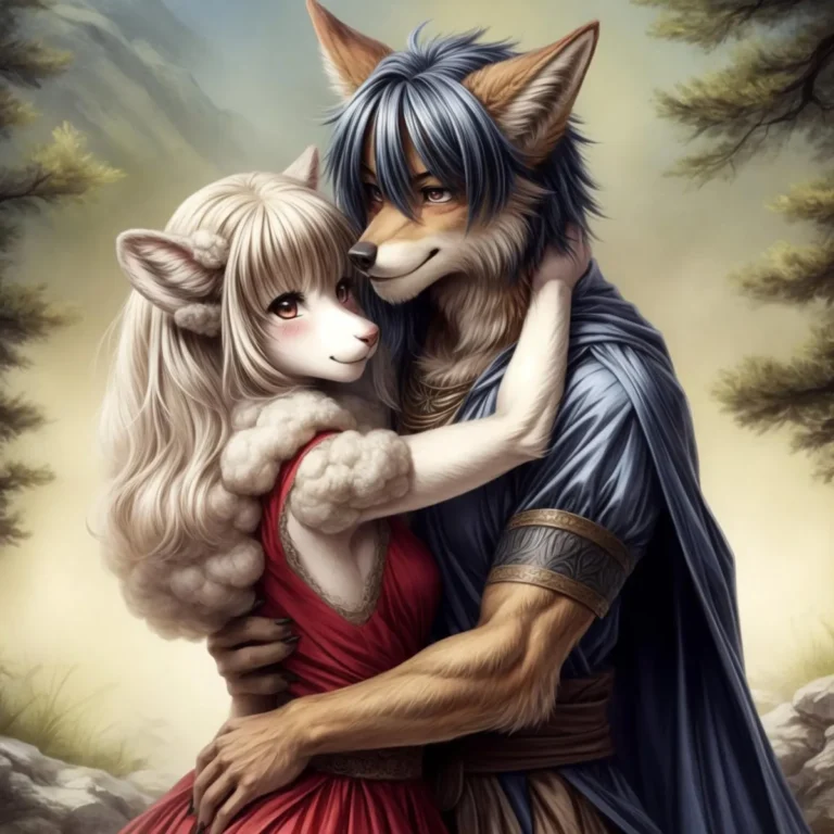 Anthropomorphic furry couple in a loving embrace, generated using Stable Diffusion AI.