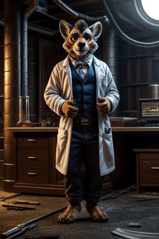 Anthropomorphic scientist, a furry character wearing a lab coat, stands in a detailed lab environment. AI generated image using Stable Diffusion.