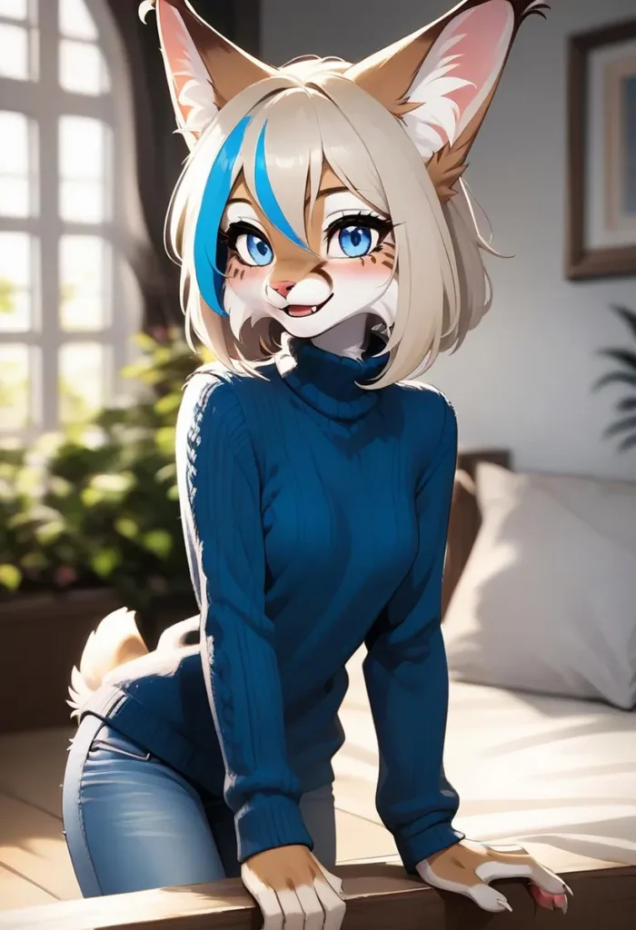 Anthropomorphic cat girl with blonde hair and blue highlights, in anime style, generated by AI using Stable Diffusion.