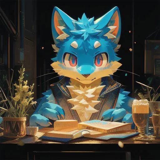 A blue furry character resembling a wolf sits at a wooden table in a cozy study with books, plants, and drinks. This is an AI generated image using stable diffusion.
