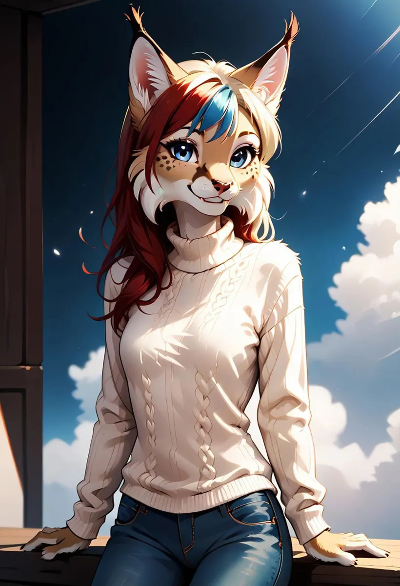 AI generated image using Stable Diffusion of an anthropomorphic animal character with feline features, wearing a cozy cable-knit sweater, set against a bright, slightly cloudy day.
