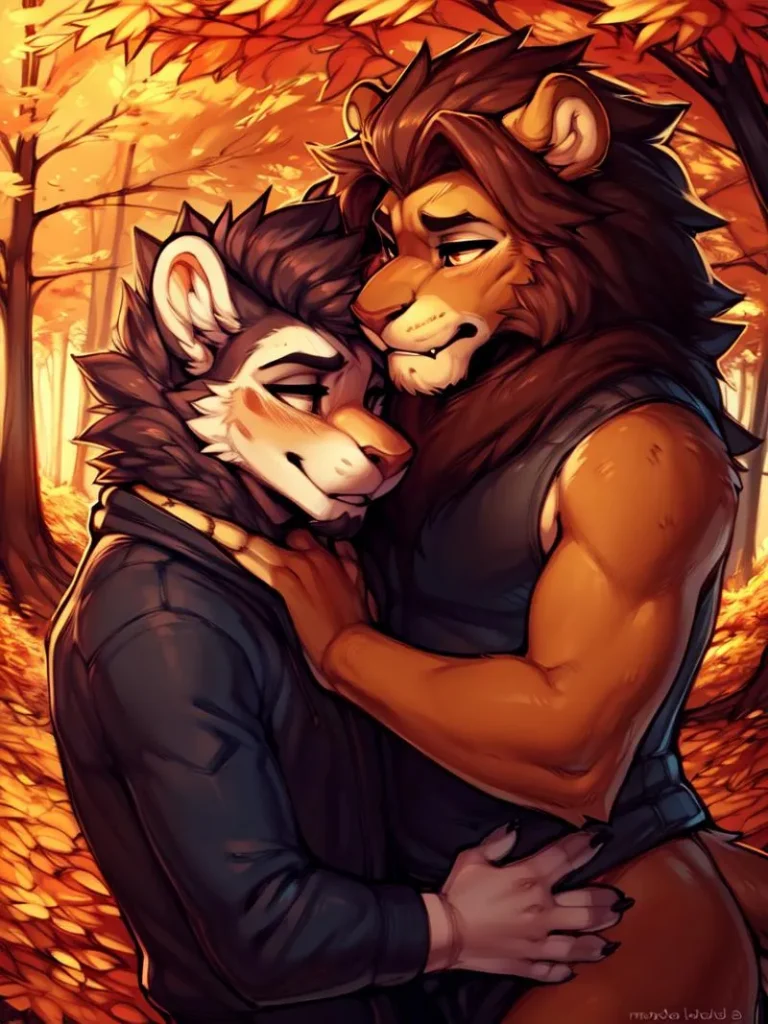 Anthropomorphic lion and wolf embrace in autumn forest, AI generated image using Stable Diffusion.